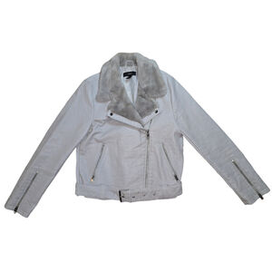 Women's Forever 21 Grey Faux Leather/Fur Collar Biker Jacket Size Large